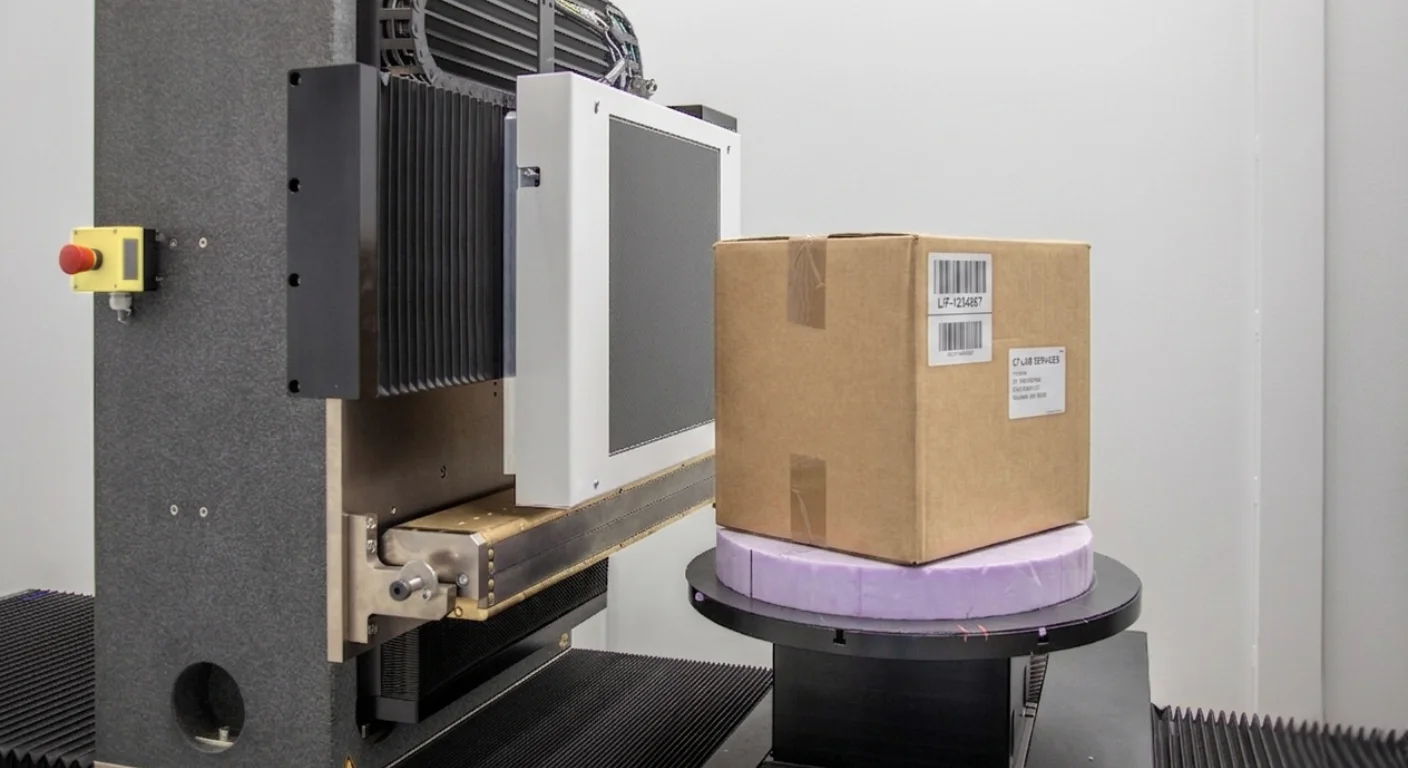 Industrielle Computertomographie scannt komplexe sterile Medizintechnik im Karton